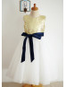Gold Sequin Ivory Tulle Deep V Back Knee Length Flower Girl Dress